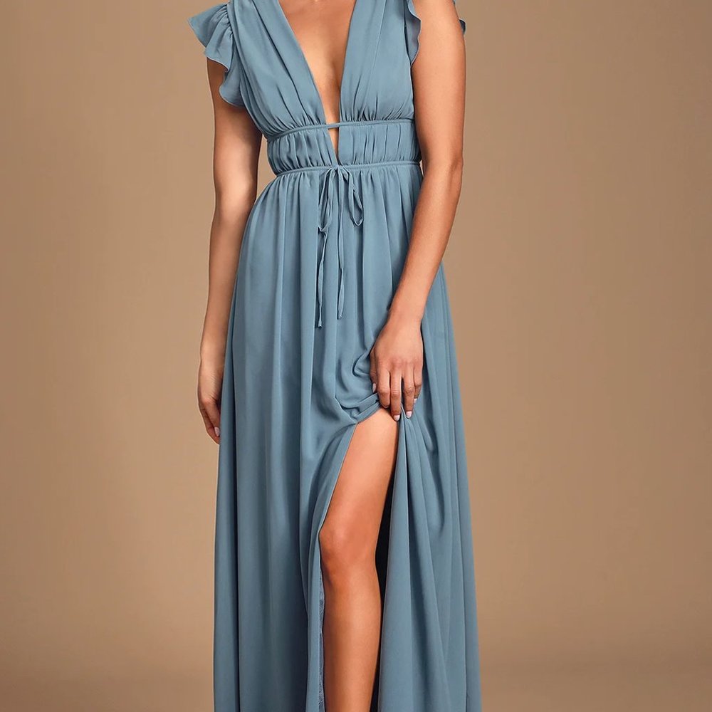 I'm All Yours Slate Blue Ruffled Maxi Dress - Small - Slate Blue